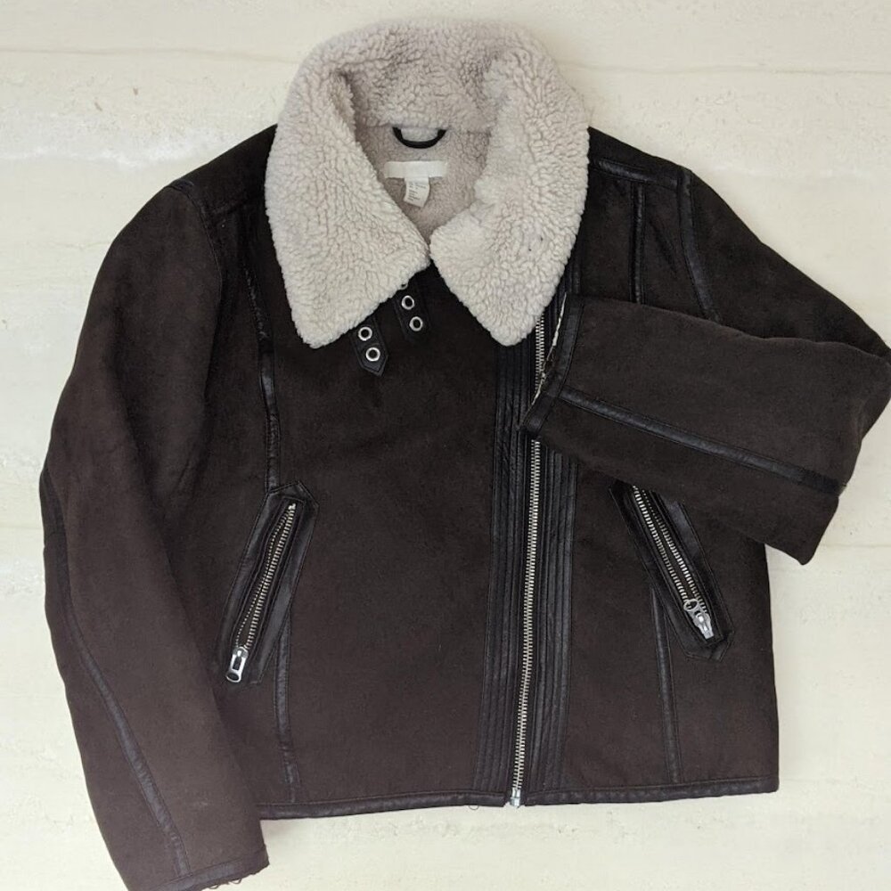 H&M Faux Suede Sherpa Women's Aviator Jacket Size 14 Bomber ZIPPER BUCKLES EUC!